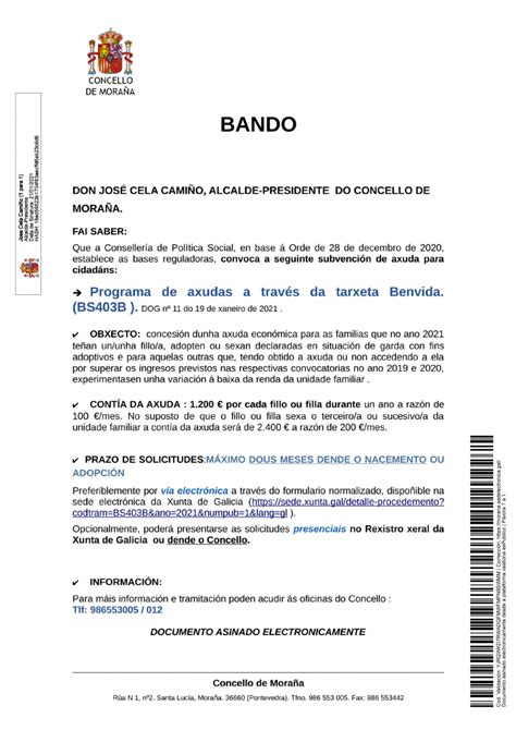 Bando Programa De Axudas A Trav S Da Tarxeta Benvida Concello De Mora A