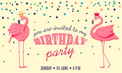 Birthday Party Invite Design Template With Flamingo And Confetti