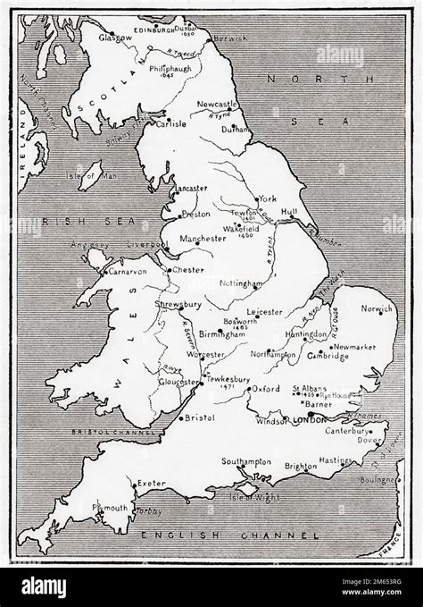 Map of England illustrating the Wars of the Roses, 15th century. From History of England ...