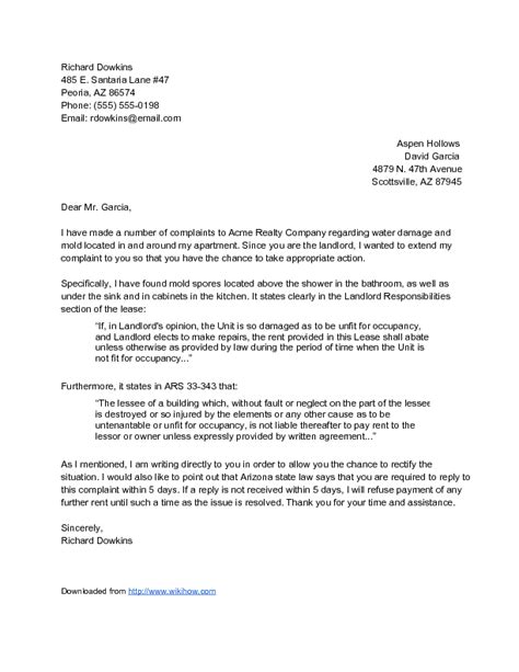 Tenant Complaint Letter To Landlord Template