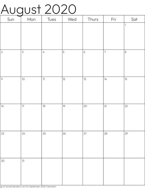 Standard August 2020 Calendar Template in Portrait