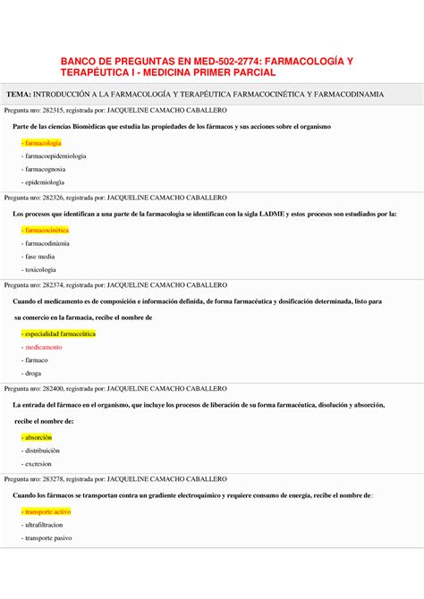 Banco De Farmacolog A I Parcial Banco De Preguntas En Med