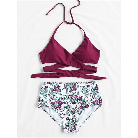 Shein Sheinside Calico Print High Waist Wrap Bikini Set Liked On