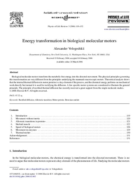 Pdf Energy Transformation In Biological Molecular Motors