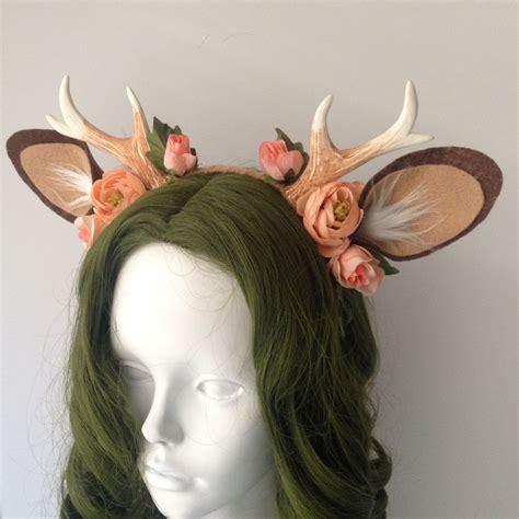 Deer Antler Headband With Peach Roses Handmade By Whitefox Hats On