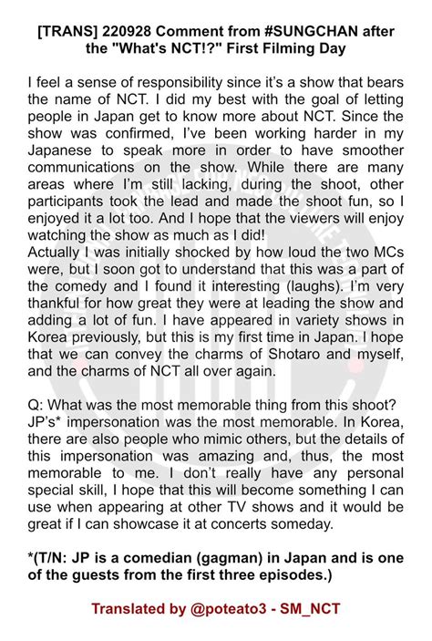 SM NCT On Twitter TRANS 220928 Comment From SUNGCHAN After The