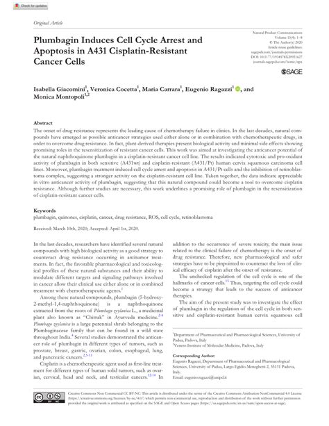 Pdf Plumbagin Induces Cell Cycle Arrest And Apoptosis In A431