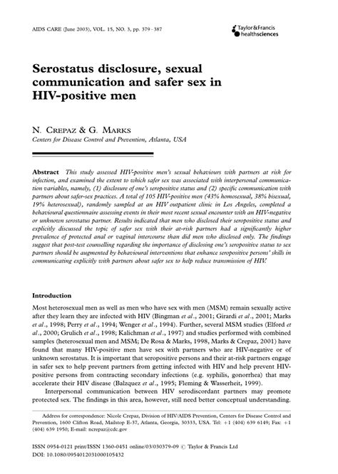 Pdf Serostatus Disclosure Sexual Communication And Safer Sex In Hiv Positive Men