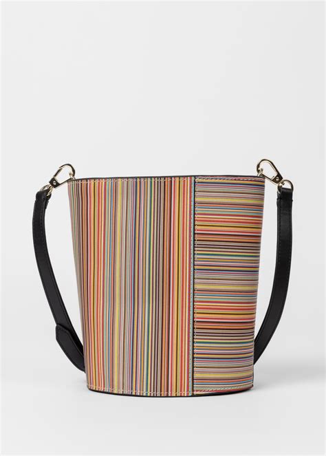 Women S Leather Signature Stripe Bucket Bag