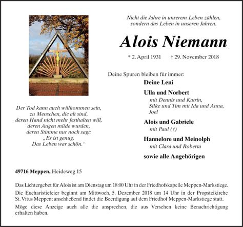 Traueranzeigen Von Alois Niemann Noz Trauerportal