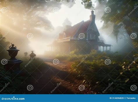 An Ancient Beautiful House In The Early Morning With Fog In The Middle