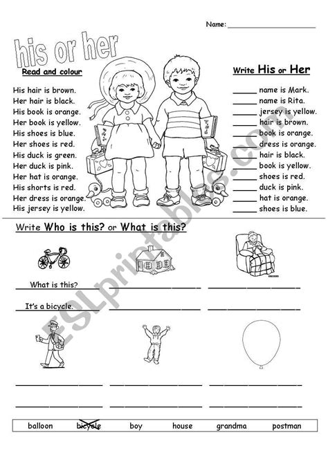 His Or Her Esl Worksheet By Mariapace85 E1A