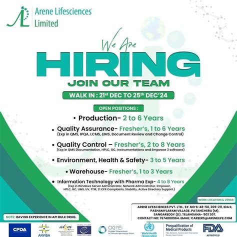 Arene Lifesciences Hiring For Production Qa Qc Ehs Warehouse