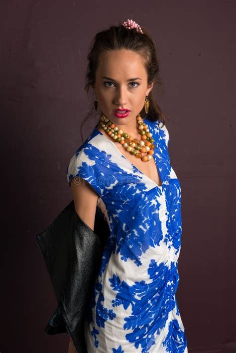 Brunette In Blue Stock Photo Image Of Attractive Slender 77255596