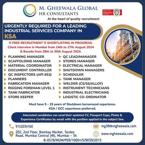 Job Vacancies For KSA M Gheewala Global HR Consultants Human