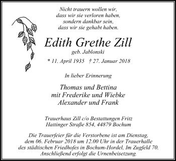 Traueranzeigen Von Edith Grethe Zill Trauer In Nrw De