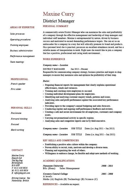 District Manager Resume Cv Examples Sample Template Local National Job Description Sales