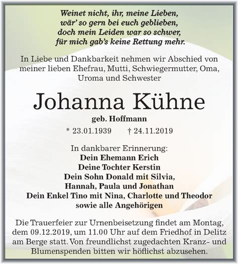 Traueranzeigen Von Johanna K Hne Abschied Nehmen De