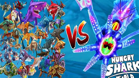 Hungry Shark World All Sharks Skins Unlocked Vs Giant Squid Boss