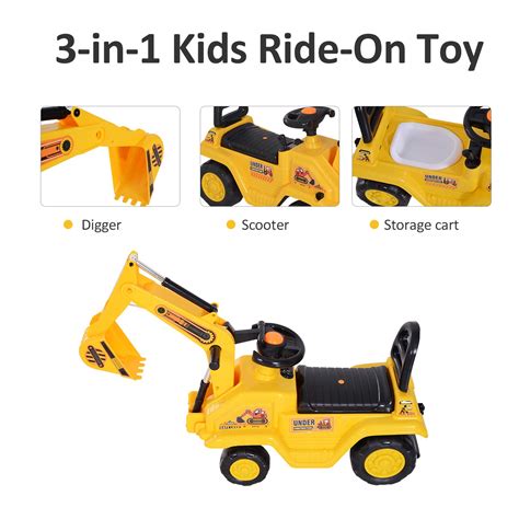 HOMCOM NO Power 3 In 1 Ride On Toy Excavator Digger Scooter Pulling