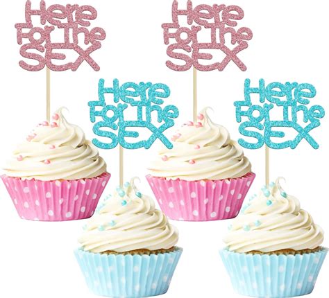 Amazon Gyufise Pcs Here For The Sex Cupcake Toppers Pink Blue Glitter Gender Reveal
