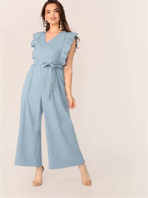 Shein Plus Surplice Neck Pleated Trim Belted Palazzo Jumpsuit