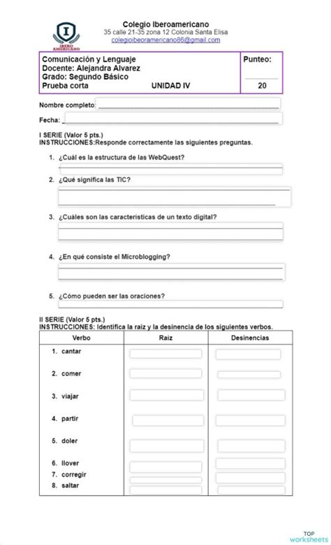 Prueba Corta Lenguaje Ficha Interactiva Topworksheets