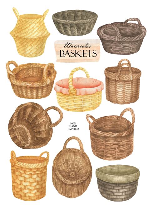 Watercolor Baskets Clipart Wicker Basket Clip Art Instant Etsy