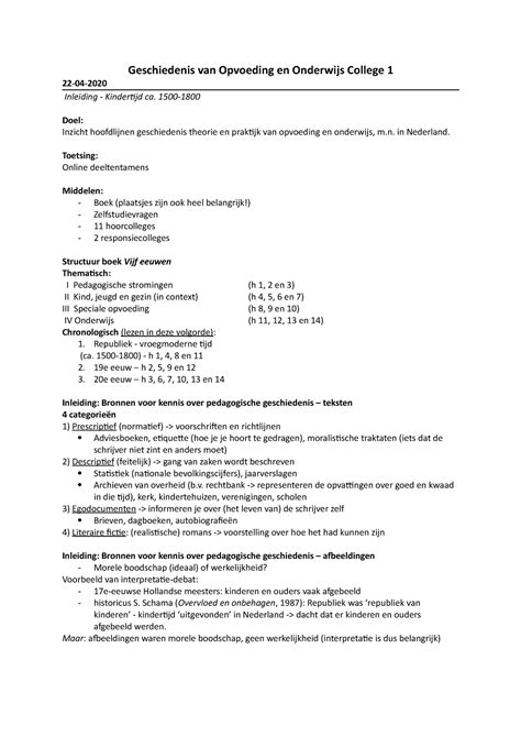 Geschiedenis Van Opvoeding En Onderwijs College 1 1500 Doel Inzicht