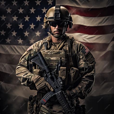 Premium Photo Us Soldier Holding Rifle On A American Flag Background