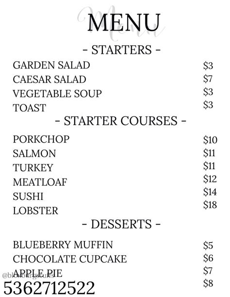 Bloxburg Cafe Menu