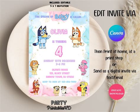 Bluey Birthday Invitation Canva Editable Template Bluey Kids Invite