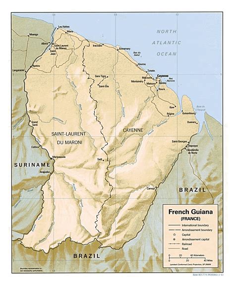 Large Political Map Of French Guiana With Relief Roads And Cities