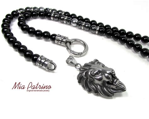 Black Onyx Mens Necklace Mm With L Stainless Steel Lions Etsy