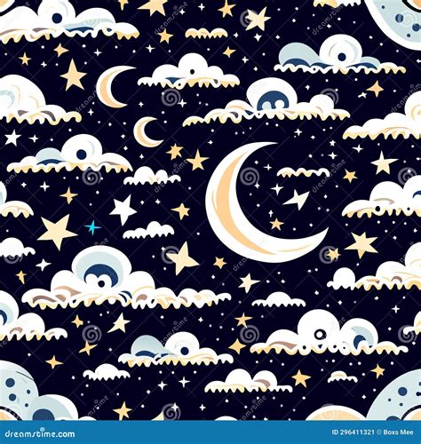 Seamless Pattern With Moon Stars And Clouds Vector Illustration Stock