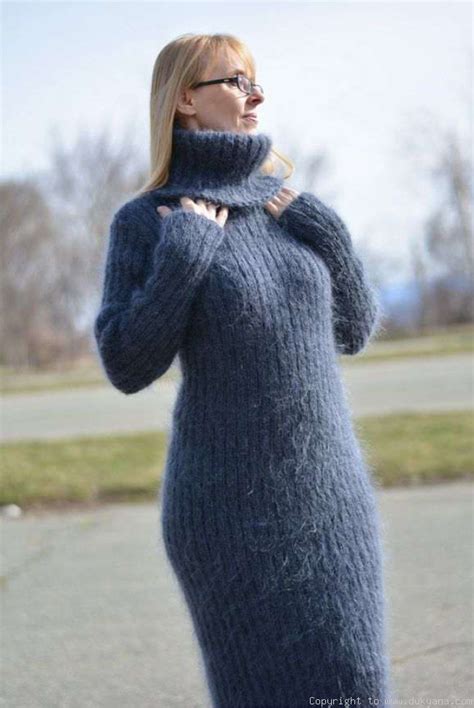 Handknit Mohair Dress Ribbed Soft Tneck Knee Long Sweater D78