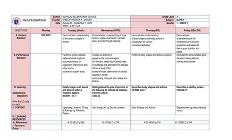 MAPEH Q1 W1 Lesson Plan In Mapeh Docx