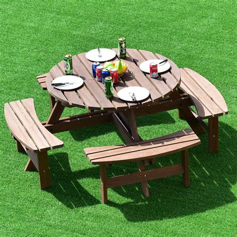 Costway 8 Seat Wooden Picnic Table Set With Umbrella Hole Outdoor Garden Patio Furniture