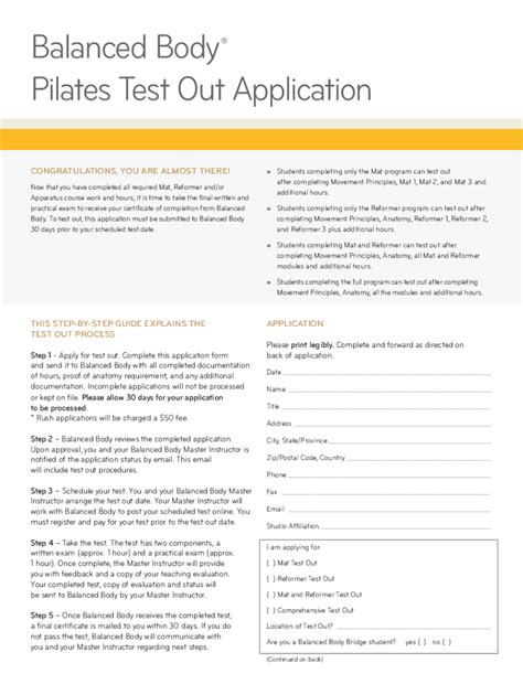 Fillable Online Balanced Body Pilates Test Out Application Fax Email