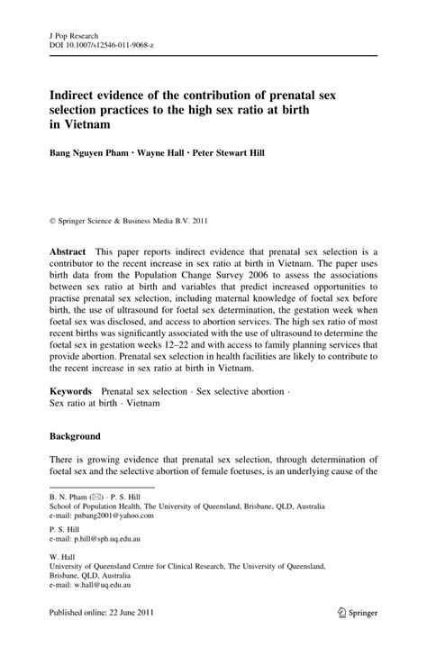 PDF Indirect Evidence Of The Contribution Of Prenatal Sex Selection Practices To The High Sex