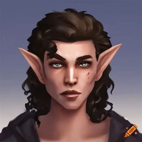 Portrait Of A Handsome Half Elf With Curly Dark Hair And Green Eyes On