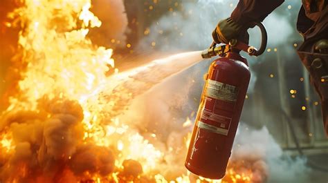 Man Using Fire Extinguisher Fighting Fire Closeup Photo Premium Ai