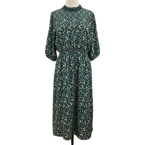 楽天市場中古キューティーブロンド Cutie Blonde ワンピース フレア ロング 花柄 レース ウエストゴム 七分袖 M 緑 グリーン ベージュ レディース ベクトル 古着