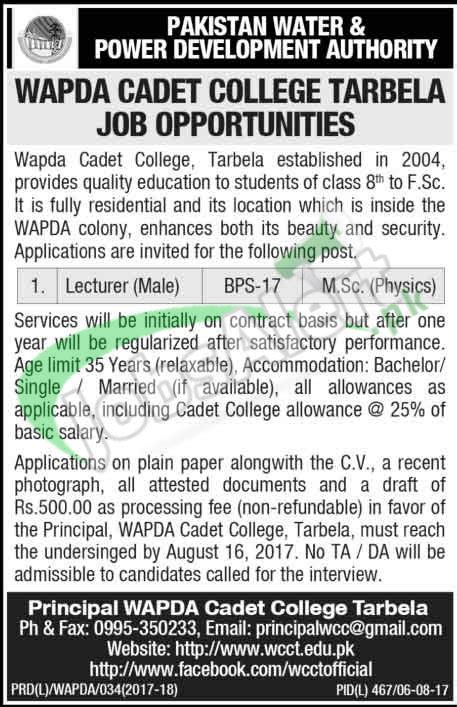 Jobs In Wapda Cadet College Tarbela For Lecturer