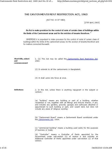 Cantonment Rent Restriction Act, 1963 | PDF | Leasehold Estate | Eviction