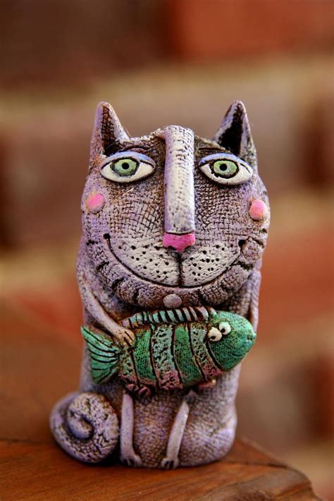 Funny Cat Sculpture Whimsical Cat Ceramic Cat Miniature Etsy