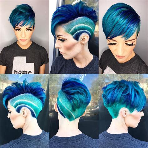 Side Swept Undercut Pixie With Aqua To Blue Ombre Color And Shave Art