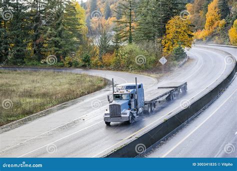 Light Blue Classic Big Rig Bonnet Semi Truck Tractor Transporting Two