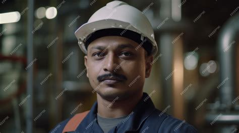 Premium Photo A Smiling Indian Male Factory Worker Standing In Oil