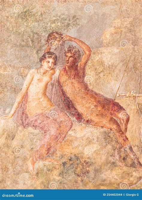 Detail of Ancient Wall Fresco Showing a Naked Young Girl Aside a Greek Hero Holding MedusaÂs